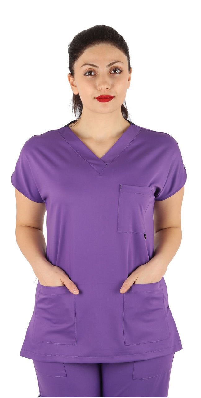 Dr. Elastik Likralı Kadın Cerrahi Scrubs Takımı Mor