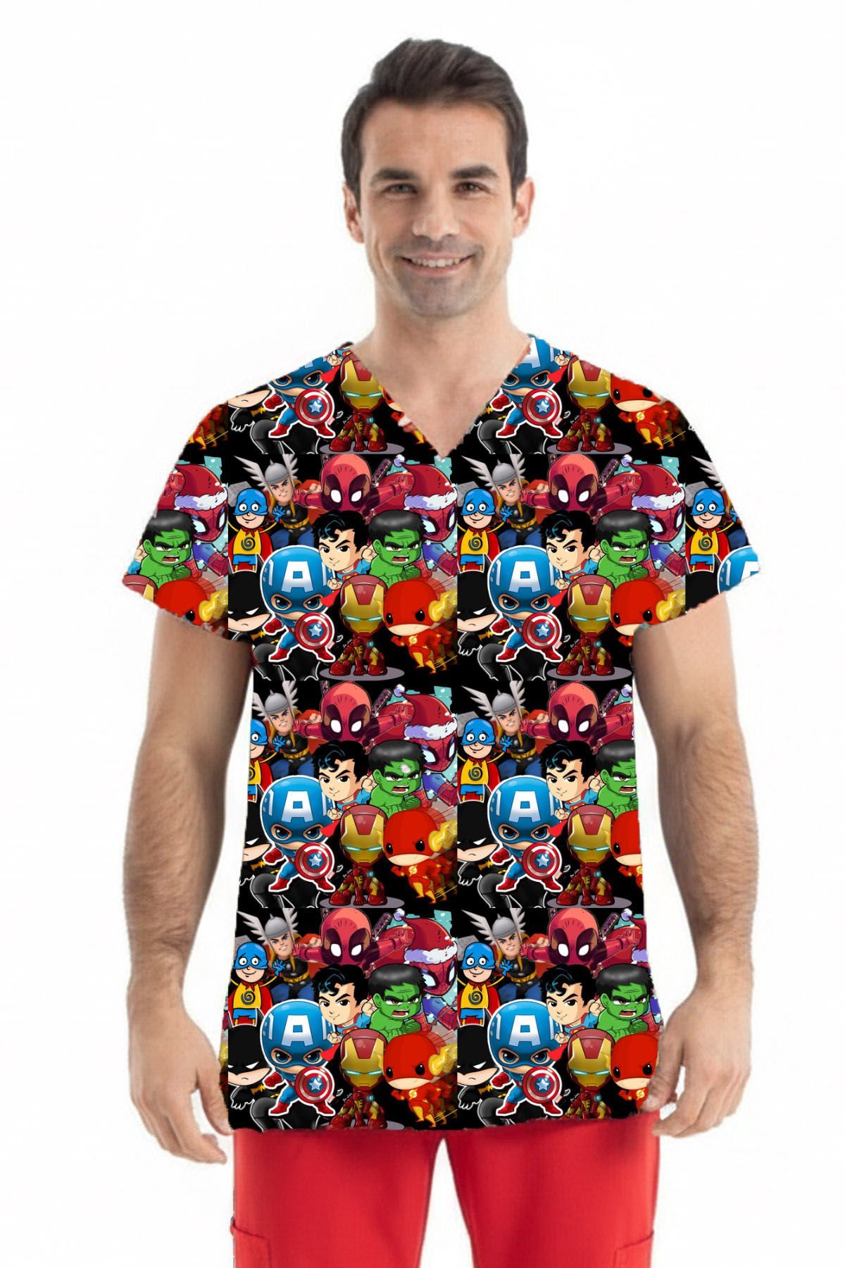 DRY TOUCH Kumaş | Süper Kahraman Desenli | Erkek Scrubs Tek Üst | Greys Model