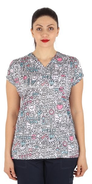 Beyaz Diş Desenli Bayan Cerrahi Forma Üst