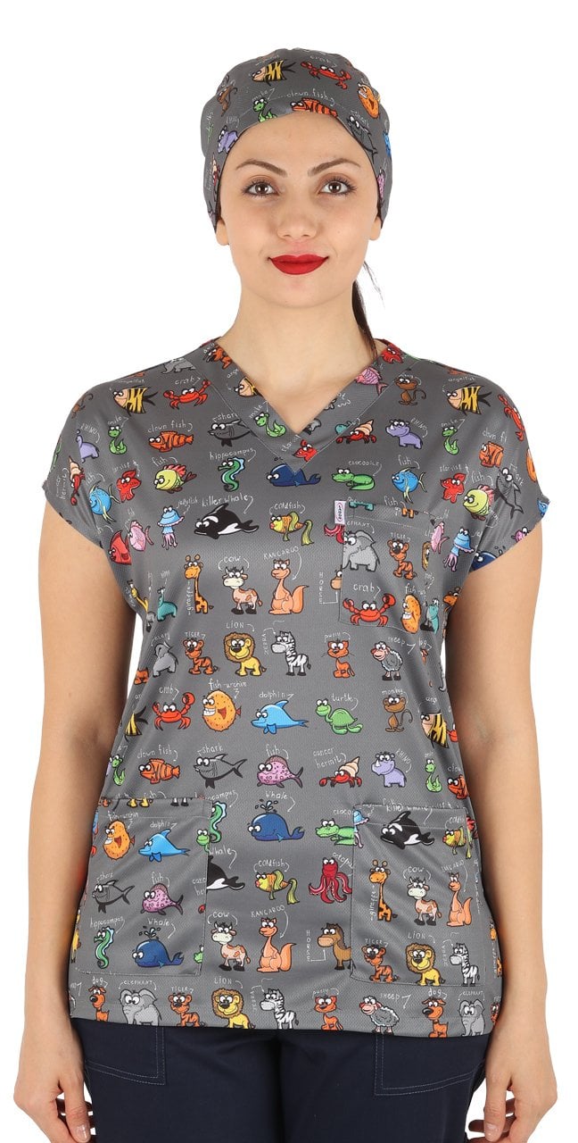 Hayvanlar Alemi Desenli Bayan Cerrahi Forma Üst