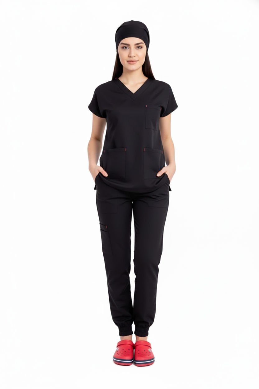 LABOR| Jogger Scrubs Takım | Elastik Kumaş Likralı Pamuklu |  Kadın Cerrahi Forma | Siyah