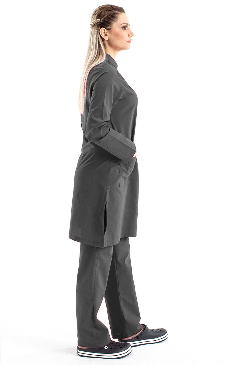 Tesettür Doktor Forması Hakim Yaka Terikoton Takım Tst03 46-2XL - Füme