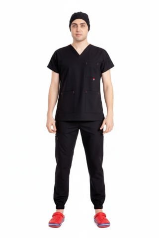 LABOR| Jogger Scrubs Takım | Elastik Kumaş Likralı Pamuklu | Erkek Cerrahi Forma | Siyah