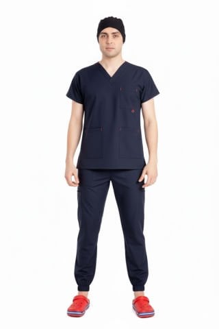 LABOR| Jogger Scrubs Takım | Elastik Kumaş Likralı Pamuklu | Erkek Cerrahi Forma | Koyu Lacivert