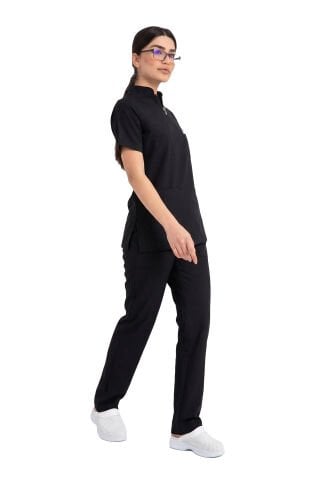 Kadın Likralı Scrubs Cerrahi Takım - Hakim Yaka Havuç Kesim İDX-1 - Siyah