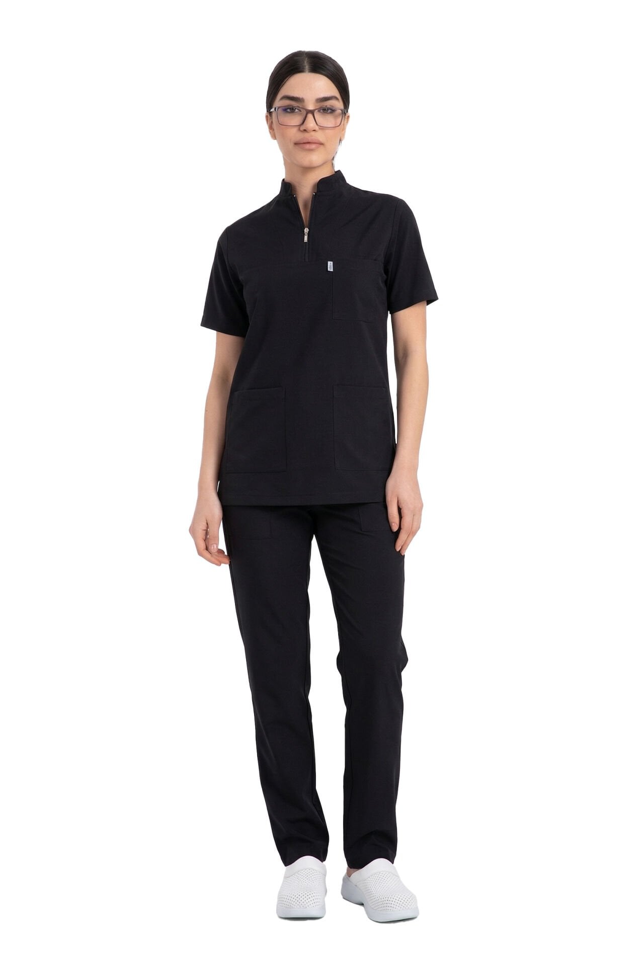 Kadın Likralı Scrubs Cerrahi Takım - Hakim Yaka Havuç Kesim İDX-1 - Siyah