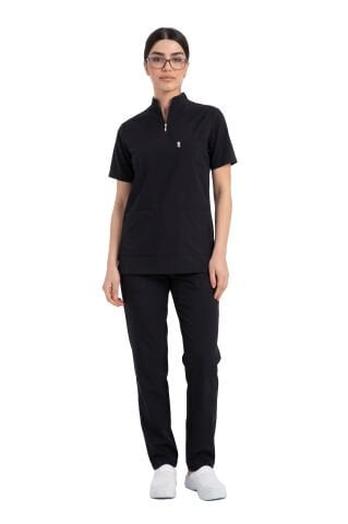 İdx-1 Serisi: Kadın Likralı Hakim Yaka Havuç Kesim Cerrahi Takım - Siyah