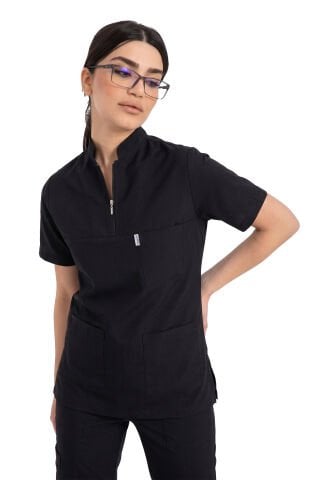 Kadın Likralı Scrubs Cerrahi Takım - Hakim Yaka Havuç Kesim İDX-1 - Siyah